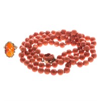 A Lady's Carnelian Ring in 14K & Coral Necklace