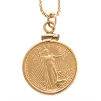 A Lady's 5 Dollar Gold Coin Pendant & Chain