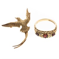 A Lady's Ruby Ring & Bird Pin in 18K