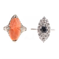 A Diamond & Sapphire Ring & Coral Ring in Gold