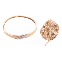 A Pearl Leaf Brooch & Diamond Bracelet in Gold