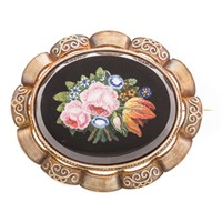 A Stunning Floral Micromosaic Pin in 18K Gold