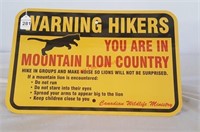Mountain Lion Warning Metal Sign