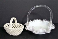 Milk Glass Ruffle Edged Basket with Applied