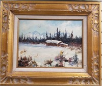 Harvey Goodale painting 1976, cabin in winter with