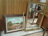 >Large framed beveled mirror and Landscape picture