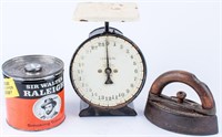 Lot Antique Cast Iron, Store Scale & Tobacco Tin
