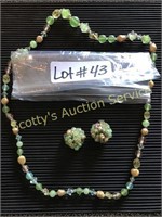 Green Beaded Necklace & Clip on earrings