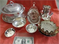 Lot of silver plate platters candle holder