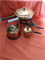 Lot of copper cooking items tea kettle pan and