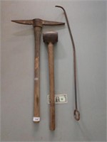Vintage pickaxe sledgehammer and log hook