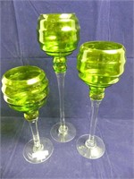 SET OF 3 GREEN/CLEAR GLASS CANDLEHOLDERS