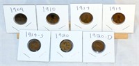 7 Lincoln Cents 1909-20 Mixed Dates & Mint Marks