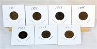 7 Mixed Dates Indian Head Pennies 1891-1907