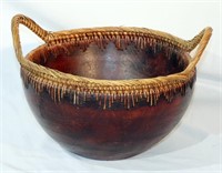 Beautiful Wood Bowl w Reed Handles & Decor