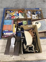 Shoe shine box, tapes, misc jewlery, hand bags