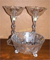 2 tall candle holders and crystal cut glass