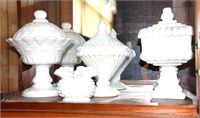5 oil lamps, 3 footed and covered milk glass type