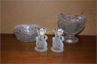 Footed bowl, pair of lead crystal candle holders