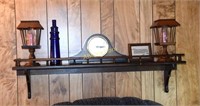 Wall shelf with mantle clock and pair of wood