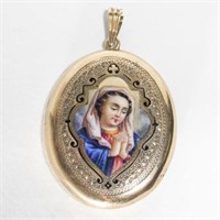Antique Gold Locket, 14K with Enameled Virgin Mary