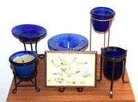Cobalt candle holders, nautical picture, wooden