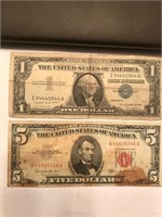 Red Seal $5 bill and a $1 Silver Certificate