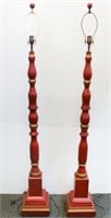 Red-Painted Wood Floor Lamps, Pair, w. Craquelure