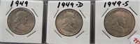 (3)Franklin Silver Half Dollars. Dates: 1949,