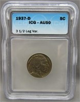 1937-D 3 1/2 Leg Variety Buffalo Nickel ICG-AU50.