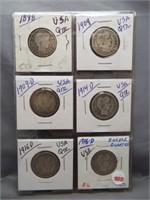 (6) Barber Silver Quarters. Dates: 1898, 1909,