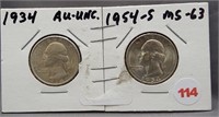 (2) Washington Silver Quarters. Dates: 1934,