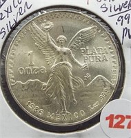 1986 One Ounce .999 Pure Silver Mexican One Onza.