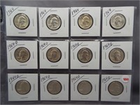 (12) Washington Silver Quarters. Dates: 4-1964,