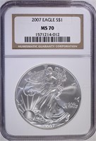 2007 AMERICAN SILVER EAGLE, NGC MS-70