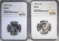 2-1982-D WASHINGTON QUARTERS, NGC MS-66