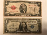 Red Seal $2 bill and a $1 Silver Certificate