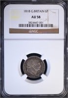 1818 GREAT BRITAIN 6 PENCE, NGC AU-58