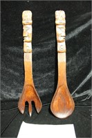 Pair of Carved Wooden Salad Spoon/Fork