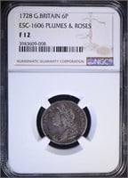 1728 G. BRITAIN 6 PENCE PLUMES & ROSES, NGC F-12