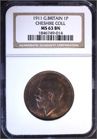 1911 G. BRITAIN 1 PENCE, NGC MS-63 BN CHESHIRE COL