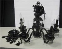 Black Glass 5-Lamp Chandelier w/ Beads - 16" Tall