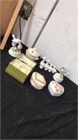 Soap pears, bird figurines with trinket boxes