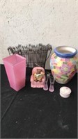 Vases bear figurine and shot glasses with metal