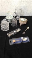 Group of decorative glassware: bell, music box,