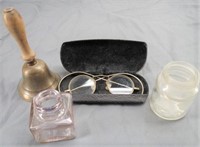 Vintage School Bell, Glass Ink Wells & Spectacles