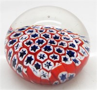 MILLEFIORI Red White & Blue Art Glass Paperweight