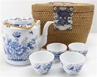Oriental Picnic Tea Set in Cushioned Wicker Basket