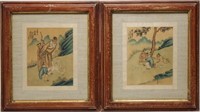 Antique Chinese Watercolor on Silk, Pair