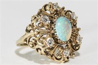 Opal, Diamond, & 14K Gold Ring, Ornate Openwork
